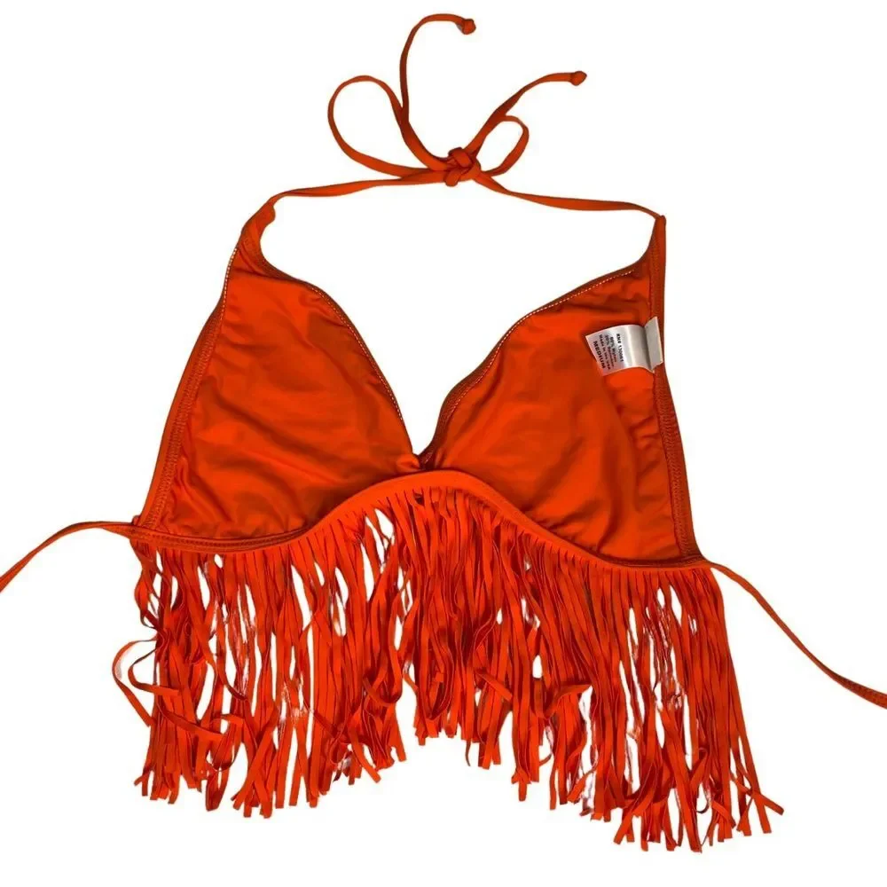L*Space Orange Fringe Halter Bikini Top Womens Size M Made in USA